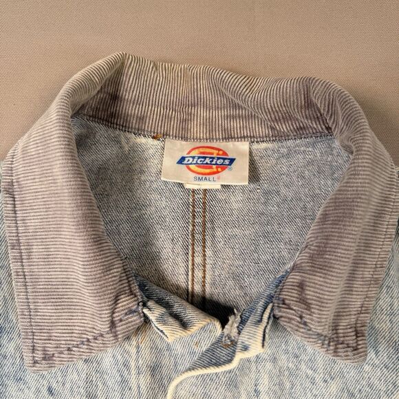 VTG Dickies Sm Jean Jacket Distressed Light Wash Nice Patina Corduroy Collar USA - Picture 5 of 10